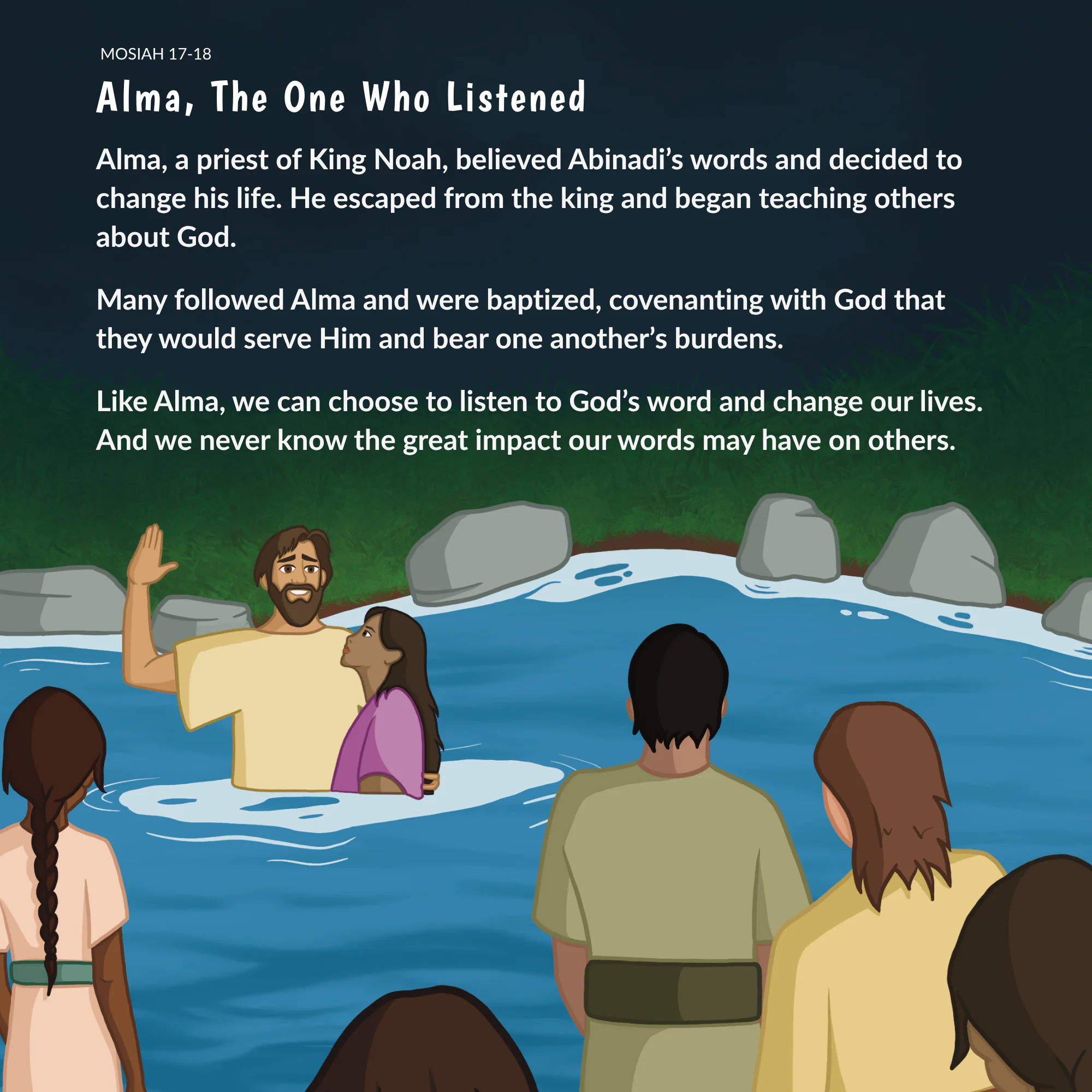 Illustrated page about Alma choosing to listen