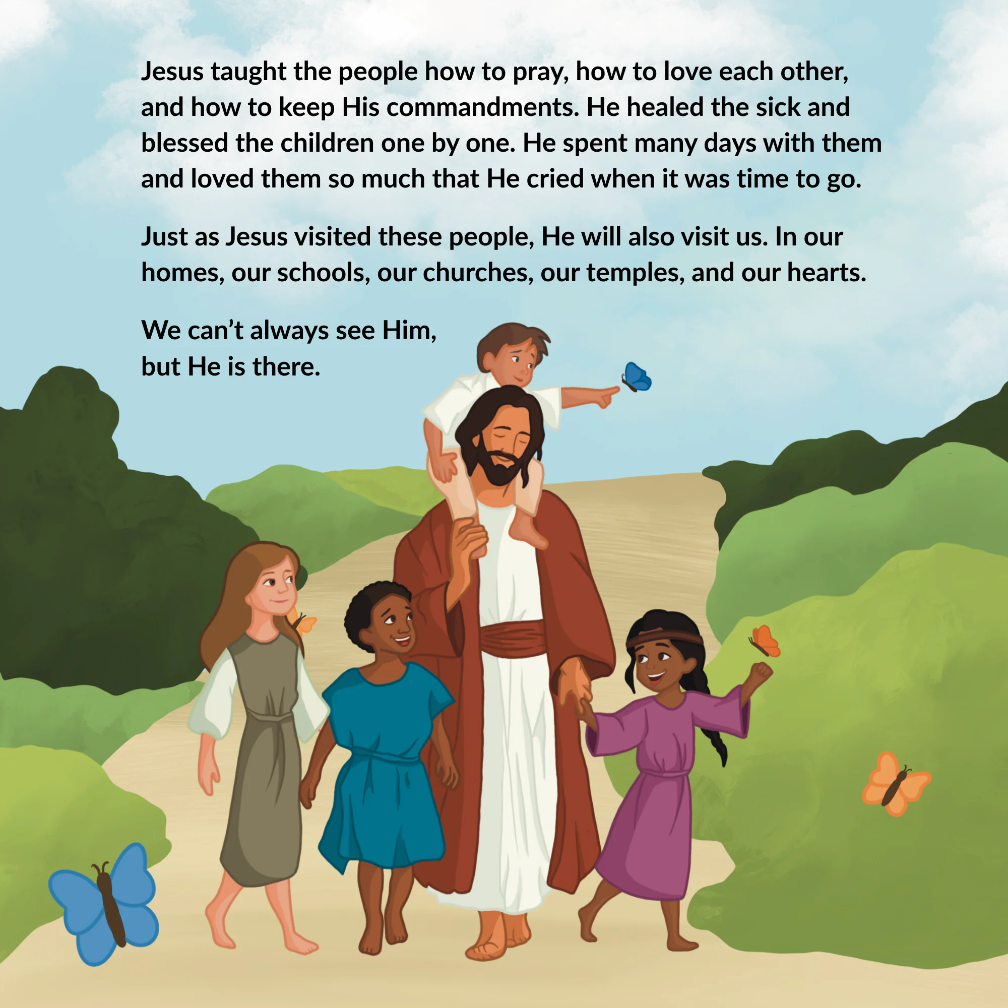 Illustrated page showing Jesus Christ visiting people in the Americas