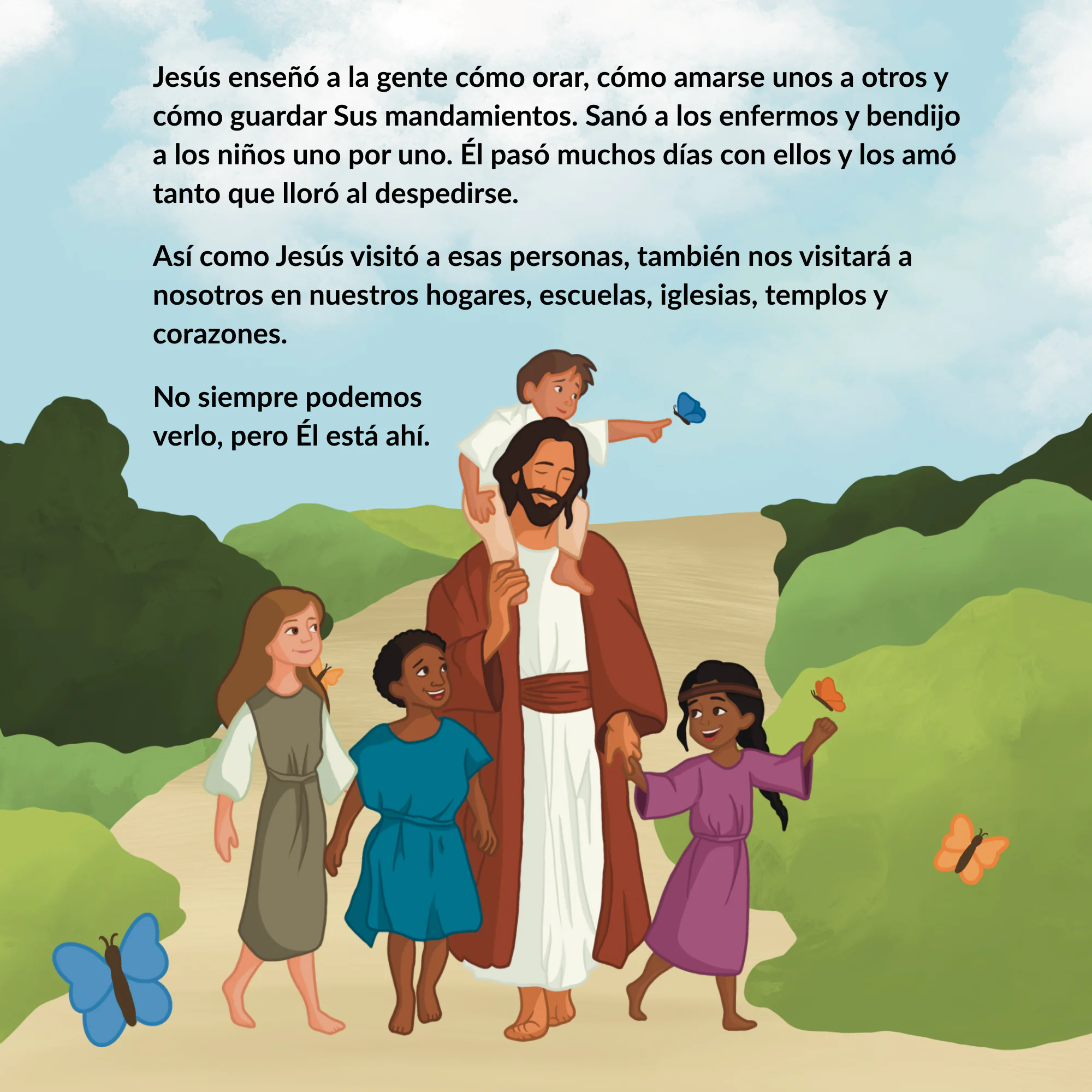 Illustrated Spanish page showing Jesus Christ with children